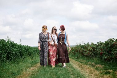 Üç genç hippi kadın, boho tarzı kıyafetler giyiyorlar, yazın yeşil frenk üzümü tarlasında yürüyorlar. Eko turizm konsepti. Kırsal kesimde seyahat eden arkadaşlar.