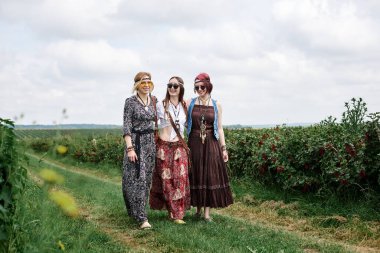 Üç genç hippi kadın, boho tarzı kıyafetler giyiyorlar, yazın yeşil frenk üzümü tarlasında yürüyorlar. Eko turizm konsepti. Kırsal kesimde seyahat eden arkadaşlar.