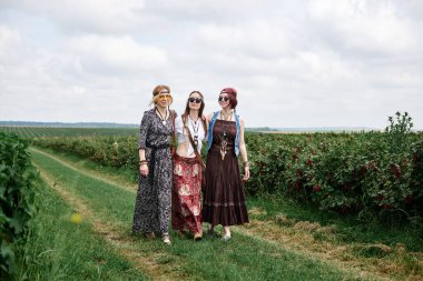 Üç genç hippi kadın, boho tarzı kıyafetler giyiyorlar, yazın yeşil frenk üzümü tarlasında yürüyorlar. Eko turizm konsepti. Kırsal kesimde seyahat eden arkadaşlar.