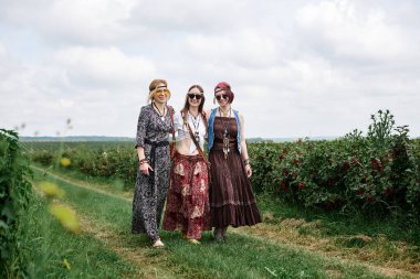 Üç genç hippi kadın, boho tarzı kıyafetler giyiyorlar, yazın yeşil frenk üzümü tarlasında yürüyorlar. Eko turizm konsepti. Kırsal kesimde seyahat eden arkadaşlar.