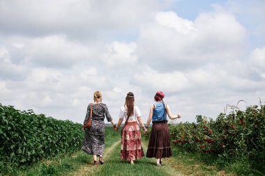 Üç genç hippi kadın, boho tarzı kıyafetler giyiyorlar, yazın yeşil frenk üzümü tarlasında kamera önünde duruyorlar. Eko turizm konsepti. Kırsal kesimde seyahat eden arkadaşlar.