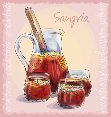 vektör kroki çizim yaz sangria kokteyl ile