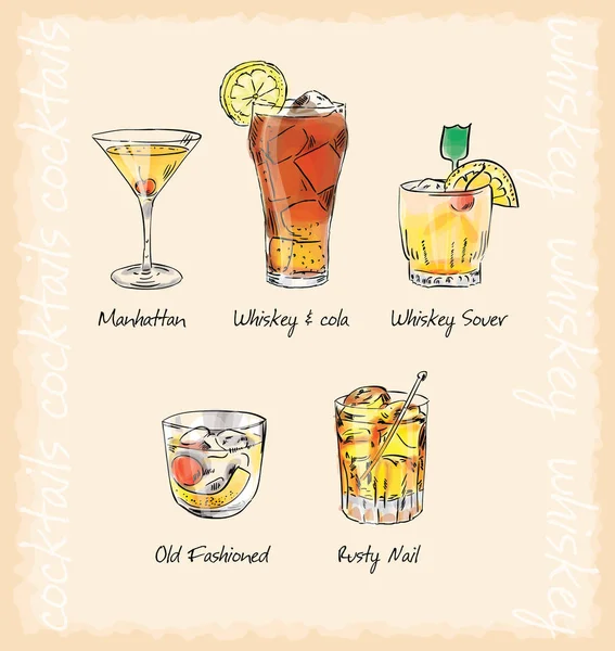 Cocktailmenü Vektorskizze Illustration Cocktails Mit Whiskey — Stockvektor