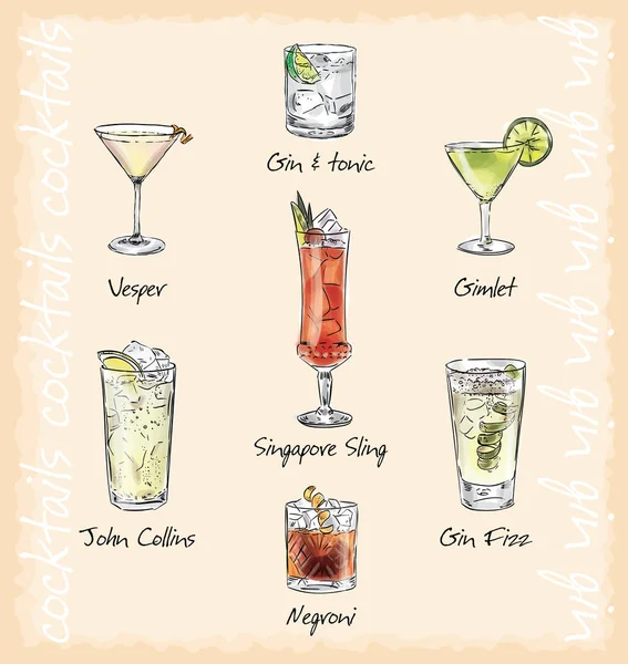 Cocktailmenü Vektorskizze Illustration Cocktails Mit Gin — Stockvektor