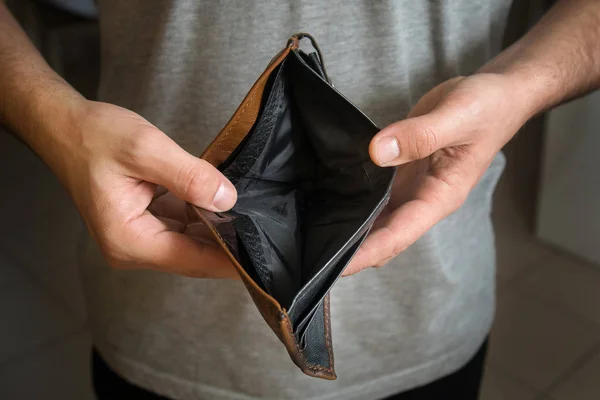Businessman Has Money Unemployed Bankrupt Man Looks His Empty Wallet — Stock Photo, Image