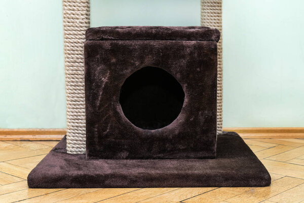 Close up of Cat tree with cat tree with house and scratching post