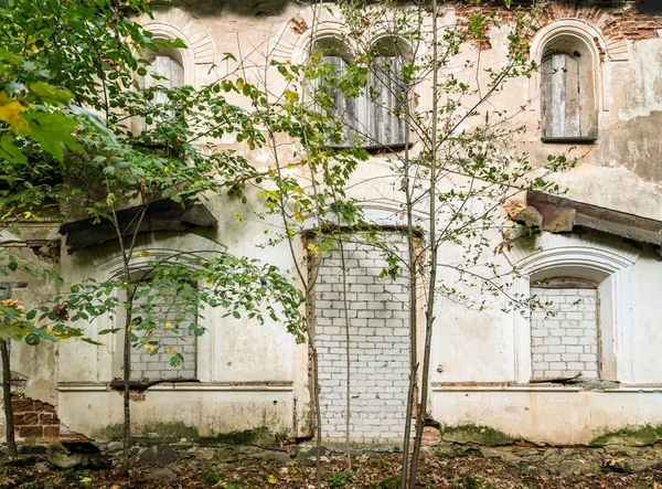 被砖头覆盖的废弃房屋的门窗 — 图库照片