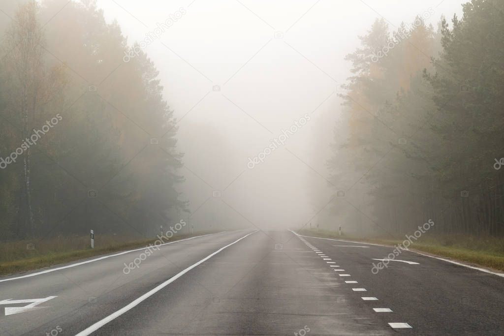 Driving on countryside road in fog. Illustration of dangers of driving in bad weather conditions: foggy, hard to see ahead