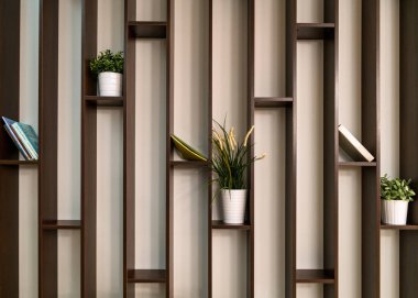 Birçok Raf dekorasyon rakamlar, kitap, beyaz vazo ve bitkiler ile geometrik standı