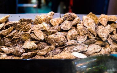 Tezgahtaki istiridyeler marketteki tahta kutuların içinde. Deniz ürünleri pazarında satılık istiridye. Balık pazarı taze istiridye dolu. Taze istiridyeler seçici odaklanma sağlar. Yakın çekim..