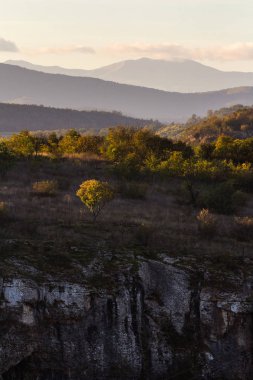 Kayalık dağ üstüne gizemli günbatımı ışığı. Harika pitoresk sahne. Vahşi ağaçları ve ormanları içerisindeki doğal alan resmi. Avrupa'da dramatik tablomsu sahne. Bulgaristan, koca Balkan Dağları