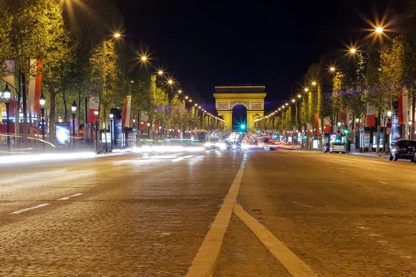 Triumfbågen Paris Rusningstid Natten Trafikljus Turistattraktion — Stockfoto