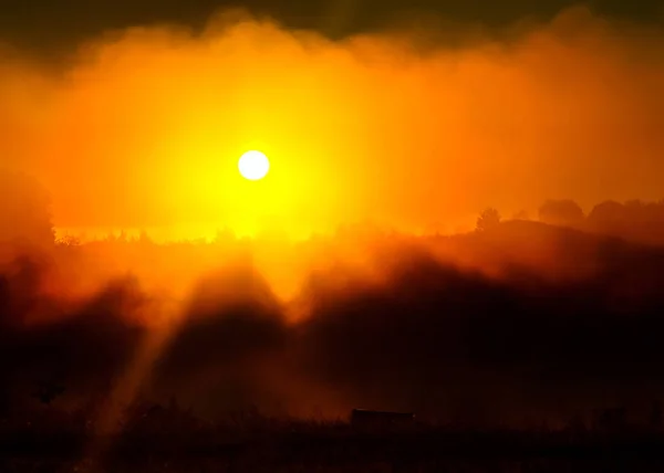 Sun Shinning Fog Sunrise Light Rays Morning Landscape Nature — Stock Photo, Image
