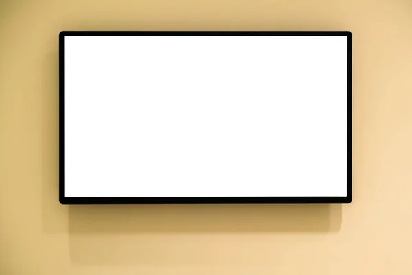 Modern Boş Yüksek Çözünürlüklü Lcd Düz Ekran Zleyicisi Sarı Duvar — Stok fotoğraf