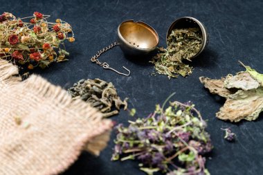 Beyaz arka planda çayların farklı ding: yeşil çay, kırmızı çay, kekik çayı, tarçın çubukları, kurutulmuş çilek