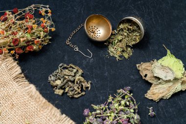 Beyaz arka planda çayların farklı ding: yeşil çay, kırmızı çay, kekik çayı, tarçın çubukları, kurutulmuş çilek