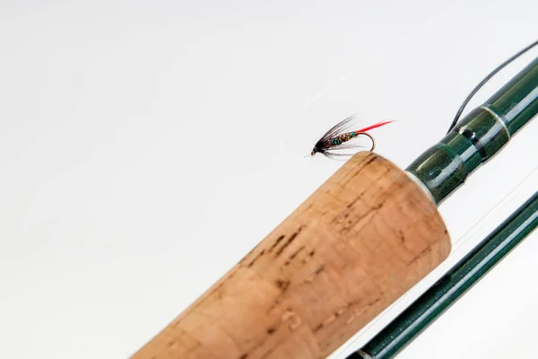 Pesca Con Mosca Vuela Caña Sobre Fondo Blanco Carrete Moscas —  Fotos de Stock