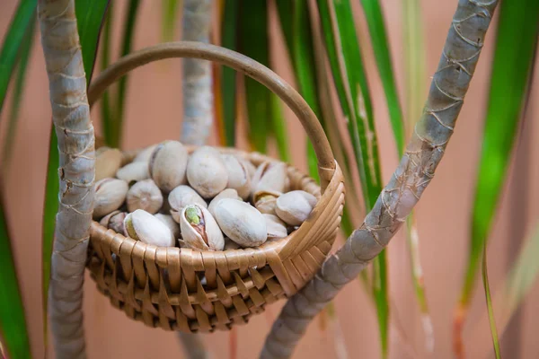 Hasır sepet yeşil bitki brançlardan arasında fıstıklı fındıklı tuzlu, çıtır 