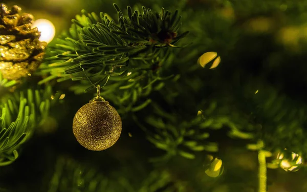 Decoración Bola Del Árbol Navidad Oro Colgando Rama Abeto Rodeado —  Fotos de Stock