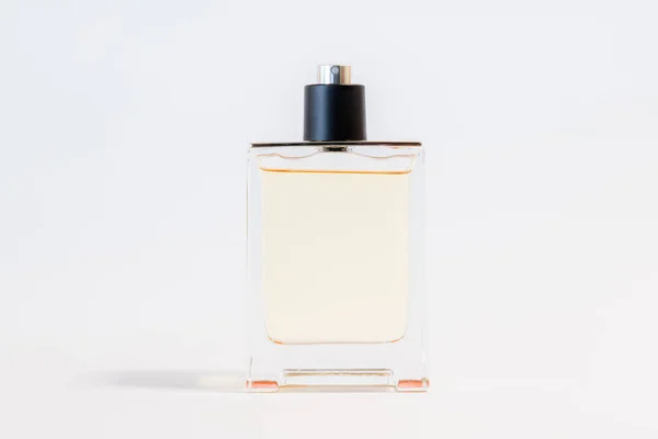 Luxury Glass Perfume Bottle White Background Copy Space Text Blank — Stock Photo, Image