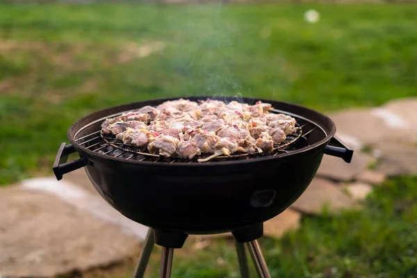 Grilling barbeque meet on the grill outdoors in the back yard. Summer time picnic. Roasting meat on metal grid on hot coals. Smoke adds a smoky flavor