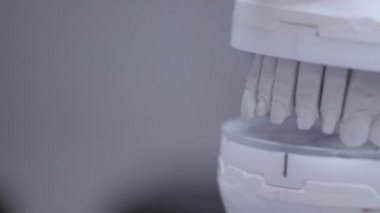 Diş kliniğinde yapay çeneyakın. Diş implantı yapmaya hazırlanan diş hekimi
