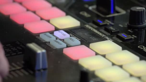 Beat Maker Pushing Colourful Buttons Beat Pad Close Mans Fingers — Stock Video