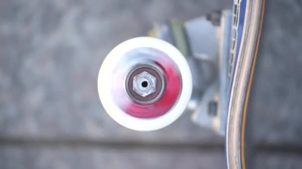 Närbild Spinning Skateboard Hjulet Betong Bakgrund Extrem Sport Urban Kultur — Stockvideo