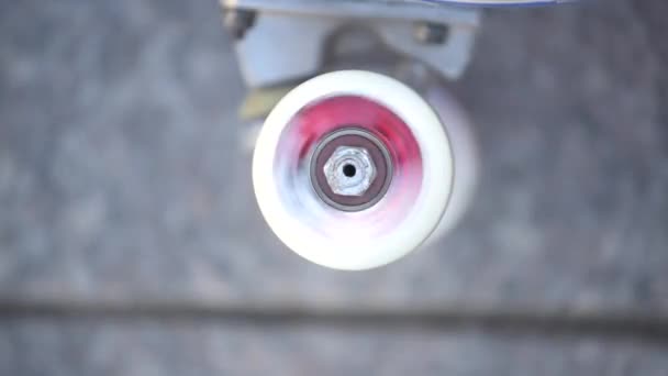 Close Van Het Draaiende Skateboard Wiel Een Betonnen Achtergrond Extreme — Stockvideo