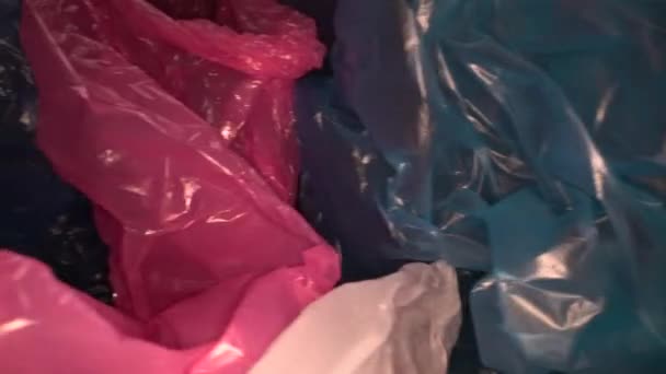 Dolly Strzał Przez Jednorazowe Plastikowe Torby Tle Przezroczyste Wielokrotnego Użytku — Wideo stockowe