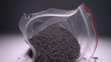 Haşhaş tohumu dolu çantanın içinde. Plastik bir torbaiçinde haşhaş tohumu kurutulmuş kazık Dolly atış