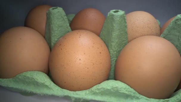 Dva Řady Hnědých Vajíček Proplachuje Kartonové Krabici Bílém Podkladu Kuřecí — Stock video