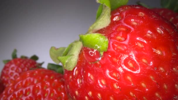 Makroaufnahme Einer Roten Saftigen Erdbeere Auf Dunklem Hintergrund Süße Geerntete — Stockvideo