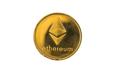 Daire gümüş Ethereum sikke beyaz arka plan üzerinde izole. Kırpma yolu, Dijital para birimi, blok zinciri piyasası.