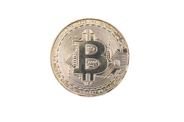 Beyaz arka plan üzerinde izole gümüş Bitcoin sikke daire. Kırpma yolu, Dijital para birimi, blok zinciri piyasası.