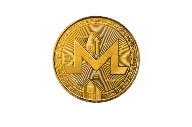 Daire Altın Monerd sikke beyaz arka plan üzerinde izole. Kırpma yolu, Dijital para birimi, blok zinciri piyasası.