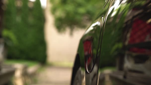 Mans Mão Inserindo Carregador Plug Carro Elétrico Fundo Ambiente Verde — Vídeo de Stock