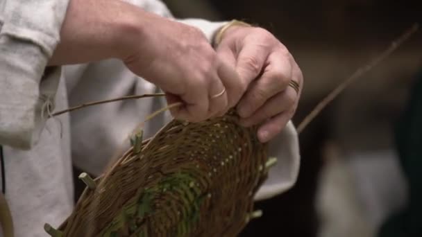 穿着乡村服装的工匠特写 制作柳条篮的树枝 传统手 — 图库视频影像