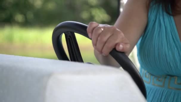 Woman Captain Holding Steering Wheel Boat Summer Time Vacation Sailboat — Stock Video