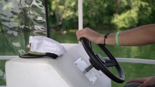 Captain Holding Steering Wheel Boat White Hat Hand Summer Time — Stock Video