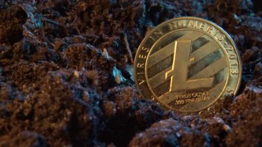 Kripto para madenciliği - Litecoin. Toprak zeminde online para sikke. Dijital para birimi, blok zinciri piyasası, online iş