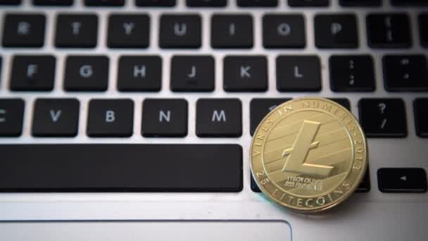 Кругом Litecoin Литиевые Монеты Поверх Кнопок Клавиатуры Компьютера Цифровая Валюта — стоковое видео