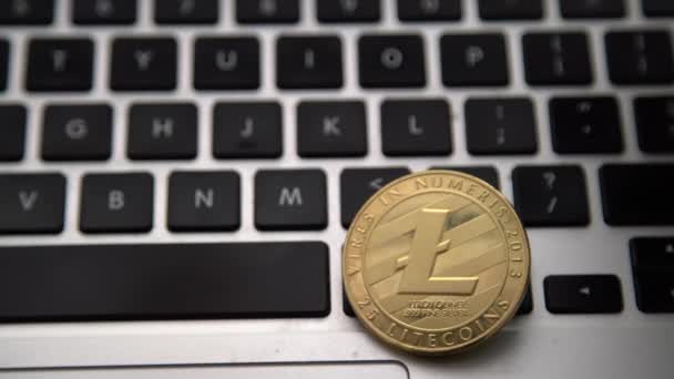 Кругом Litecoin Литиевые Монеты Поверх Кнопок Клавиатуры Компьютера Цифровая Валюта — стоковое видео