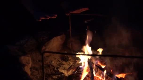 Manliga Värmer Upp Kalla Händer Över Lägerelden Utomhus Natten Man — Stockvideo