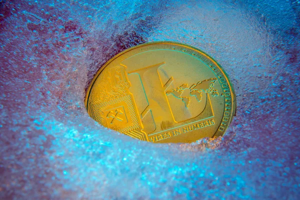 Golden Litecoin coin, lite coin online digital currency frozen in the blue ice. Concept of block chain, market crash. Frozen crypto money, depreciation