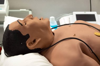 Pratik için oyuncak bir bebeğin üzerinde defibrilatör var. Hastanede eğitim amaçlı suni teneffüs mankeni. Tıp öğrencileri için ilk yardım eğitimi sınıfı