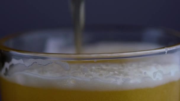 将新鲜而冷的工艺啤酒放在黑色背景的白色泡沫玻璃杯中 深色背景下流淌着泡沫小麦或啤酒的宏观照片 — 图库视频影像