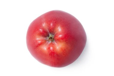 Kırmızı elmanın üst görüntüsü beyaz arkaplanda izole edilmiş. Taze organik elma meyvesi. Kesme yolu.