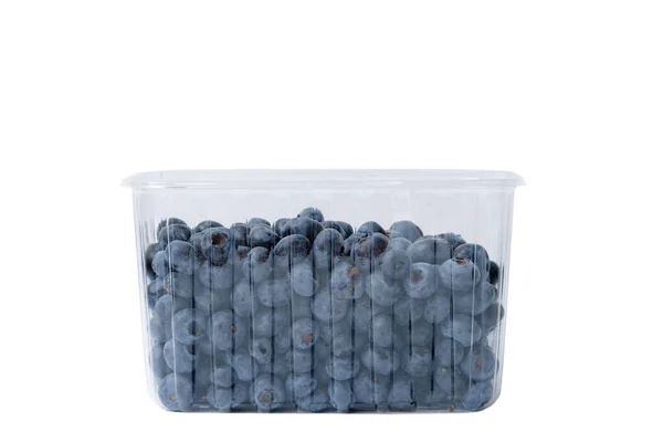 Close Plastic Bowl Full Blueberries Isolated White Background Ripe Blueberry — Stock Photo, Image