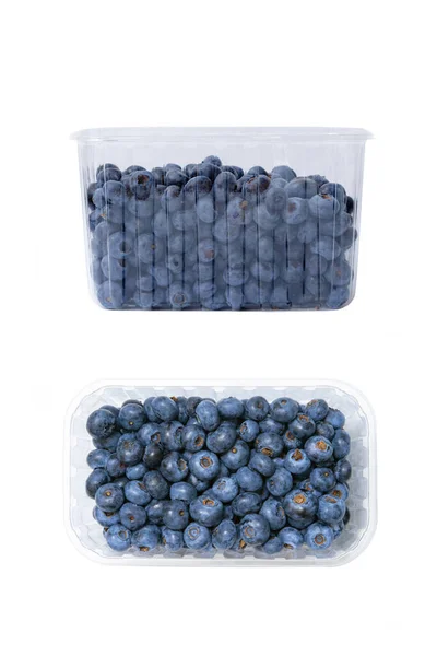 Different Angles Plastic Bowl Full Blueberries Isolated White Background Ripe — Stock Photo, Image